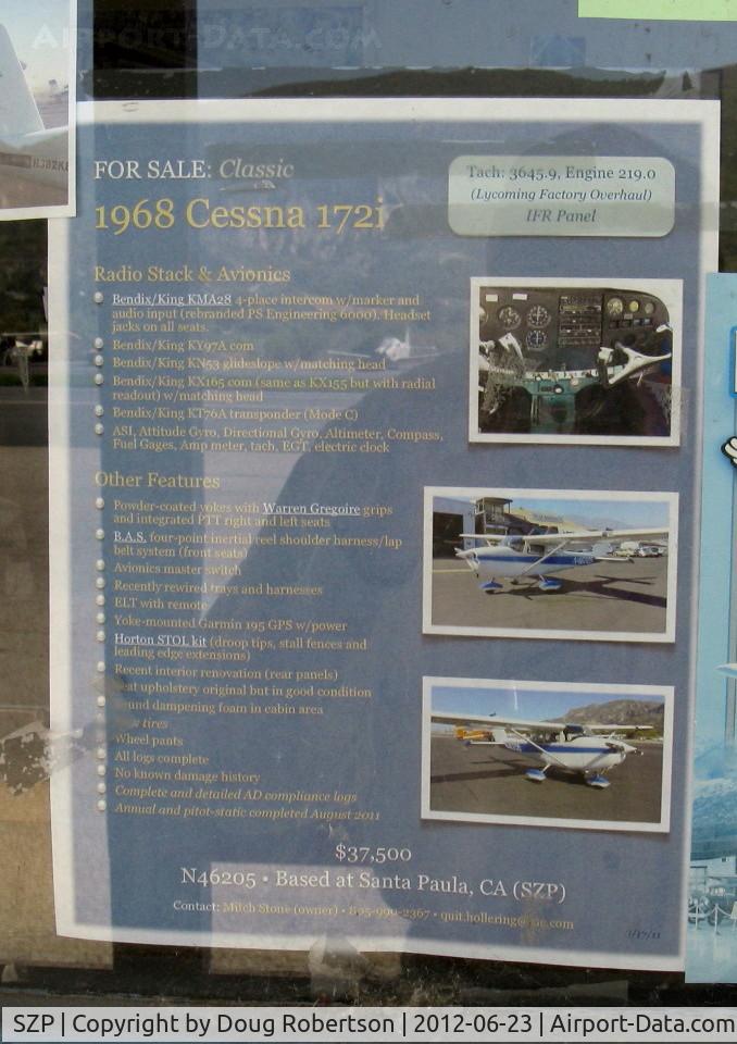 Santa Paula Airport (SZP) - FOR SALE>N46205 1968 Cessna 172I, Lycoming O-320-E2D 150 Hp, I model is first C172 with factory Lycoming power & 2,000 hour TBO, 14 volt electrical syst. Horton STOL mod. See my additional aircraft photos here.