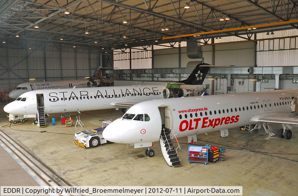 Saarbrücken Airport, Saarbrücken Germany (EDDR) - OLT Expess Germany Fokker 100, D-AOLH  /  Contact Air (Star Alliance c/s), Fokker 100, D-AFKF  /  Contact Air, Fokker 100, D-AFKD