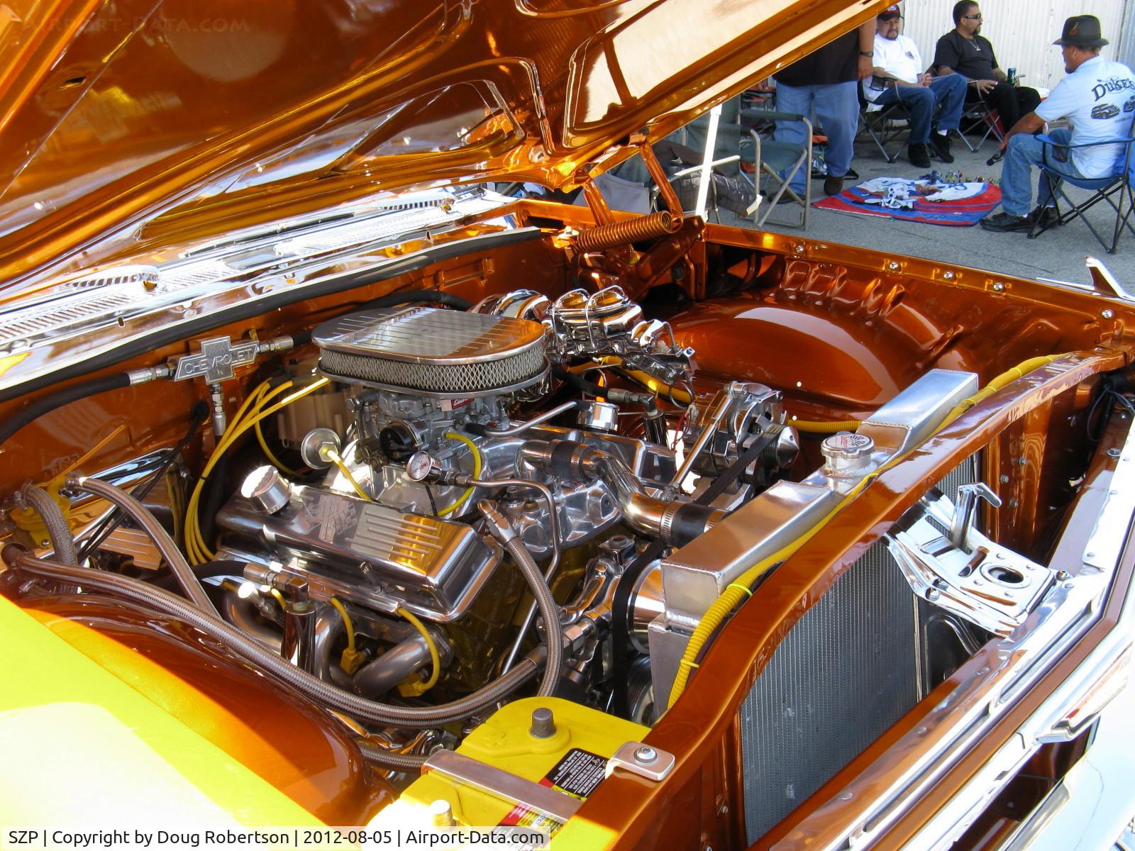 Santa Paula Airport (SZP) - First Sunday Aviation Museum of Santa Paula Open House & Fly-in invites car clubs-same customized Chevrolet with chromed, detailed big block V-8, battery disconnected for safety. Need dark glasses to safely view this one!