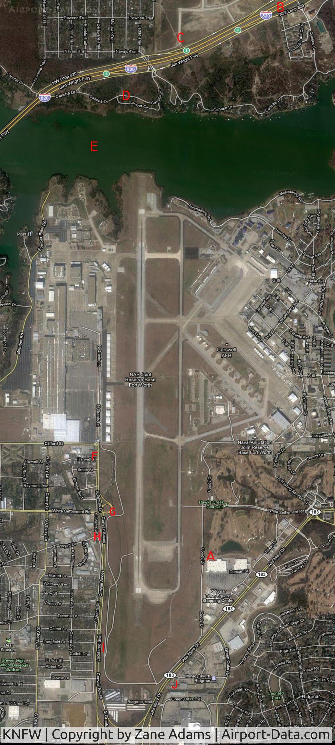 Fort Worth Nas Jrb/carswell Field Airport (NFW) - Spotting map for NAS Fort Worth
The red letters indicate places that you can see action around the airfield.

 