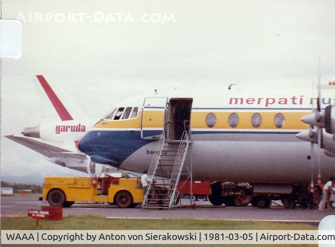 Hasanuddin Airport, Makassar / Ujung Pandang, South Sulawesi Indonesia (WAAA) - Merpati Vickers 952 Vanguard at Makassar Sultan Hasanuddin International (Ujung Pandang) Airport (WAAA), Indonesia (Mar 1981). At the time it was called Air Port Hasanuddin. (scan from print)