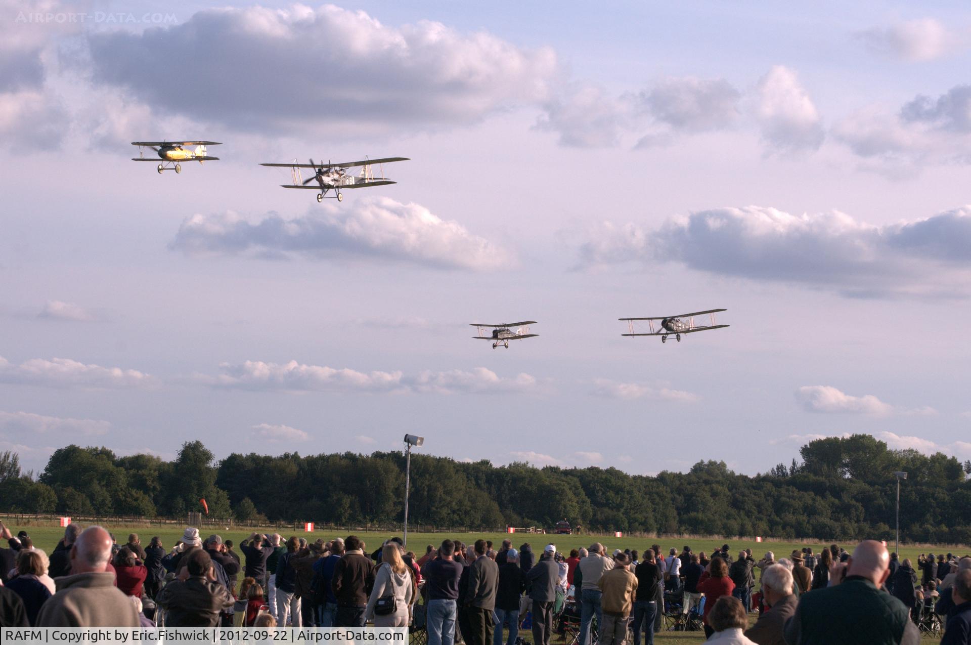 RAFM Airport - A very unique sight - Albatros D.Va leading the RAF R.E.8 - followed by the RAF SE.5A and the Bristol F.2b Fighter at The Shuttleworth Collection - before the Albatros and the R.E.8 go on display at the RAF Museum, Hendon.