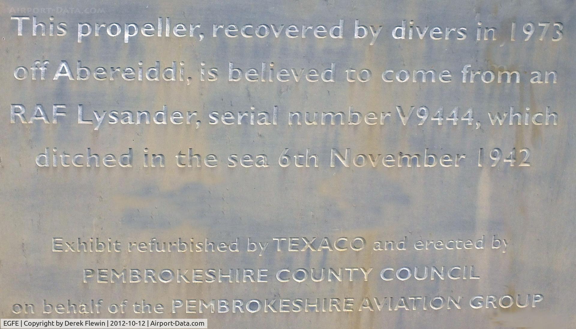 Haverfordwest Aerodrome Airport, Haverfordwest, Wales United Kingdom (EGFE) - Prop Note.