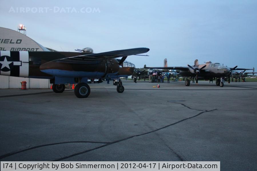 Grimes Field Airport (I74) - B-25's starting up at dawn for the flight to Dayton.