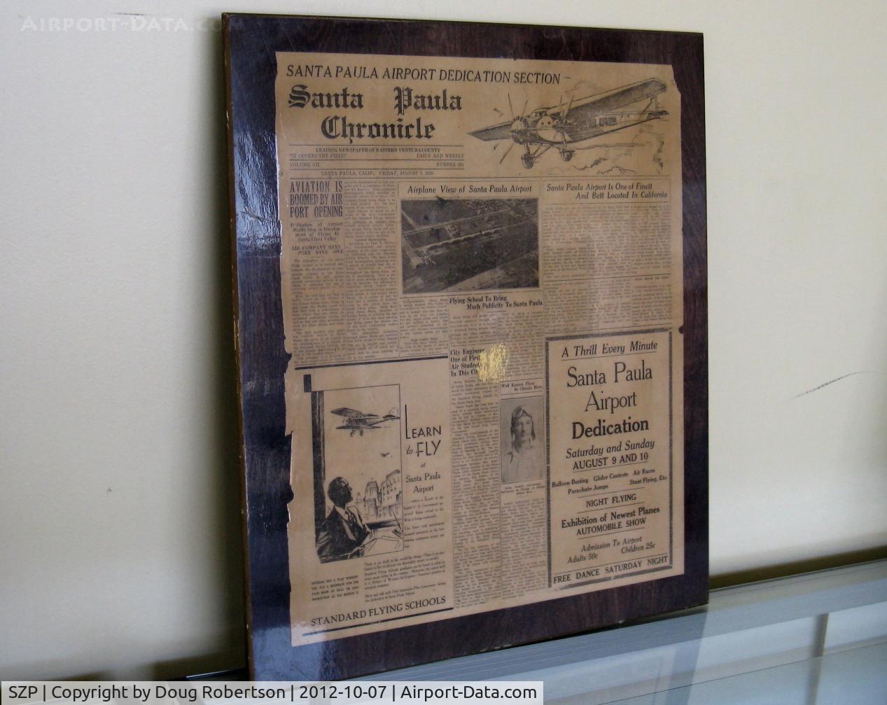 Santa Paula Airport (SZP) - Aviation Museum of Santa Paula. 1930 period newspapers with new airport news stories. Airport Dedication, August 9-10, 1930. Learn to Fly at Santa Paula Airport.