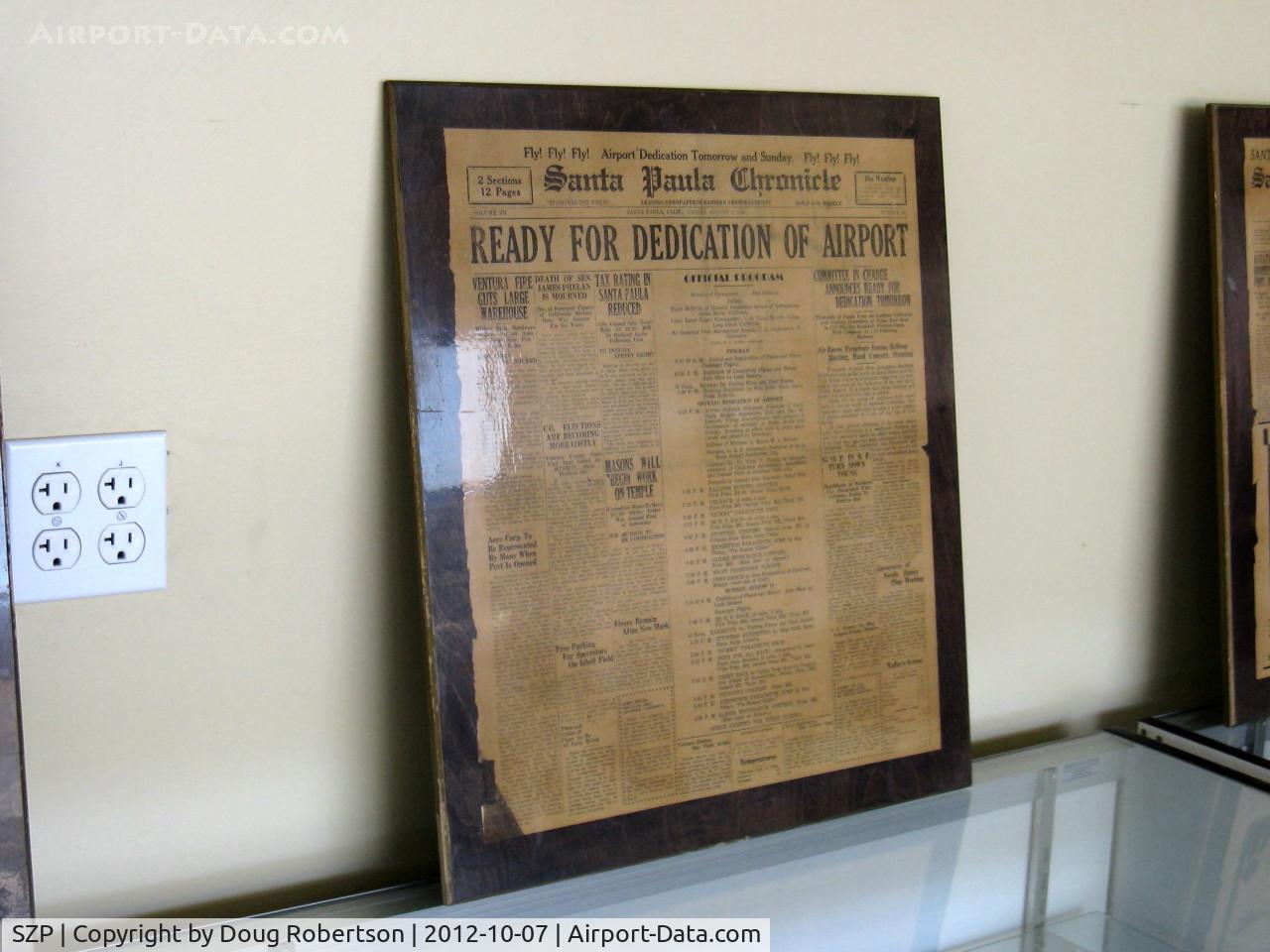 Santa Paula Airport (SZP) - Aviation Museum of Santa Paula. 1930 period newspapers with news of new airport. Airport dedication.