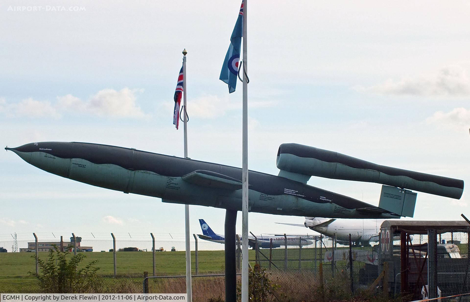 Kent International Airport, Canterbury, England United Kingdom (EGMH) - FIESELER Fi-103 Targeted on London and launched from from the Pas de Calais in their thousands during the spring and summer of 1944, the infamous V-1 flying bomb, with it's 1 ton warhead, brought a new 'blitz' to Britain's capital city. 