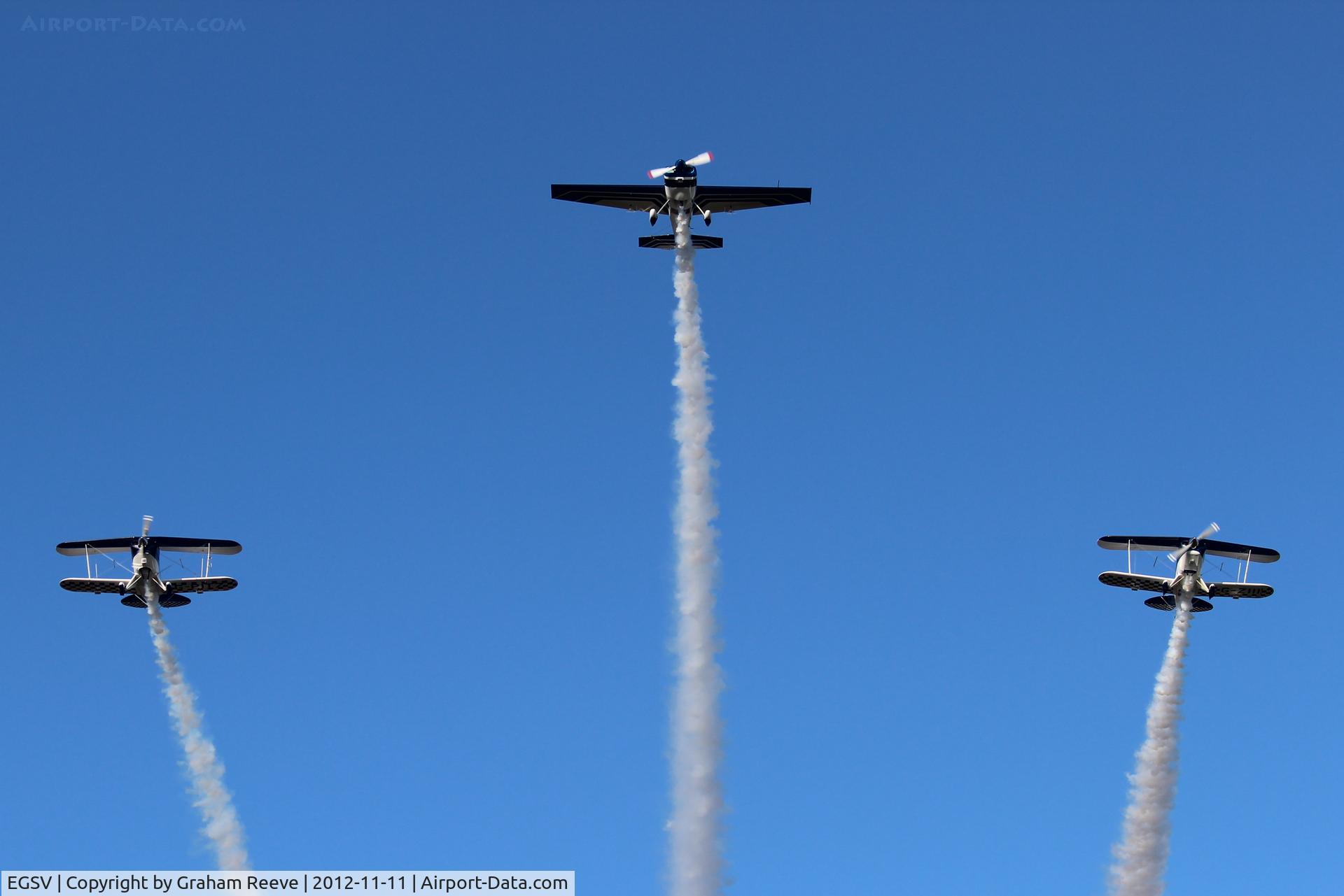 Old Buckenham Airport, Norwich, England United Kingdom (EGSV) - G-EDGJ leading G-ZIII and G-PITZ over Old Buckenham with smoke on.