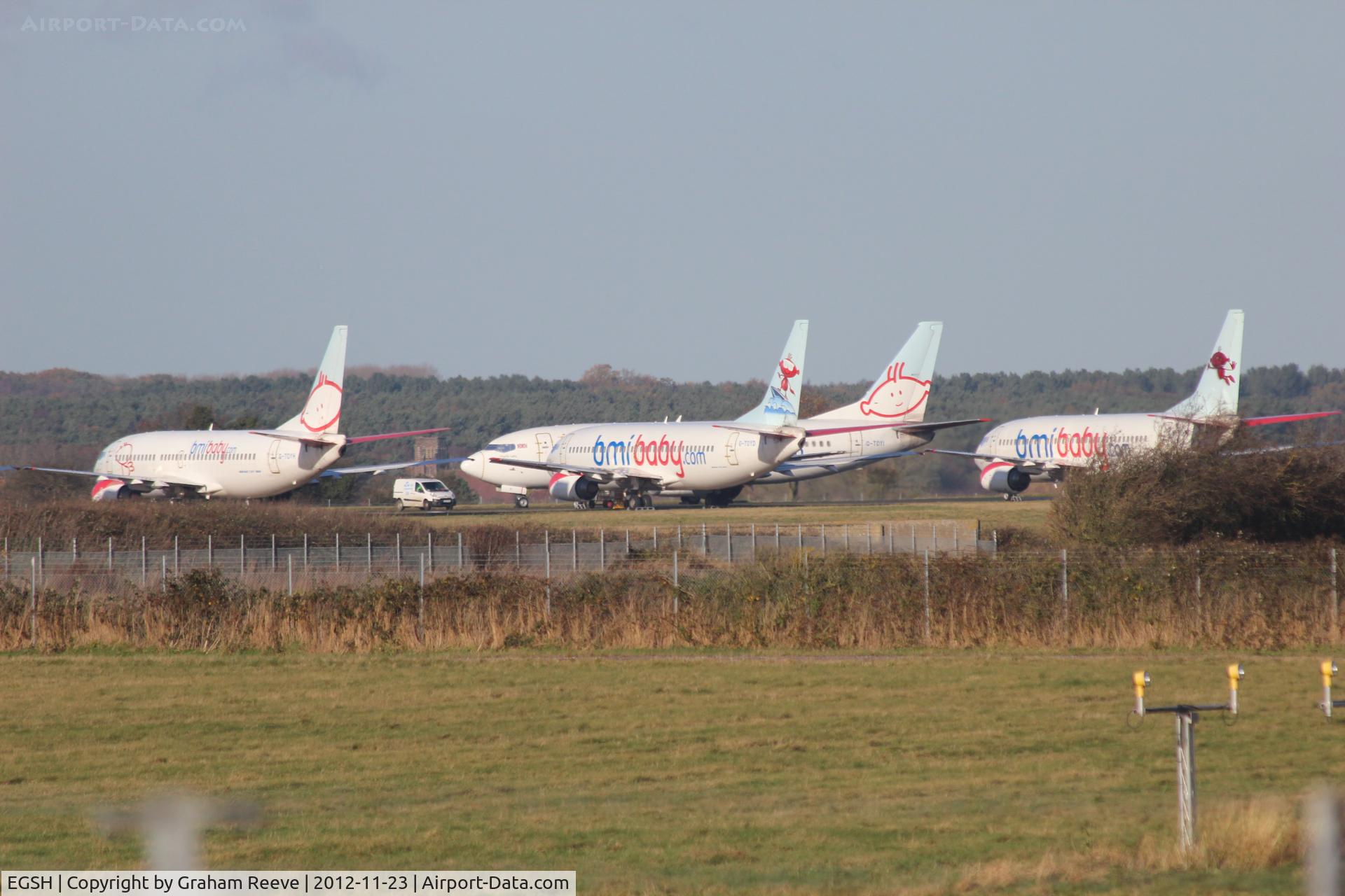 Norwich International Airport, Norwich, England United Kingdom (EGSH) - Some of the BMI Baby 737's stored at Norwich.