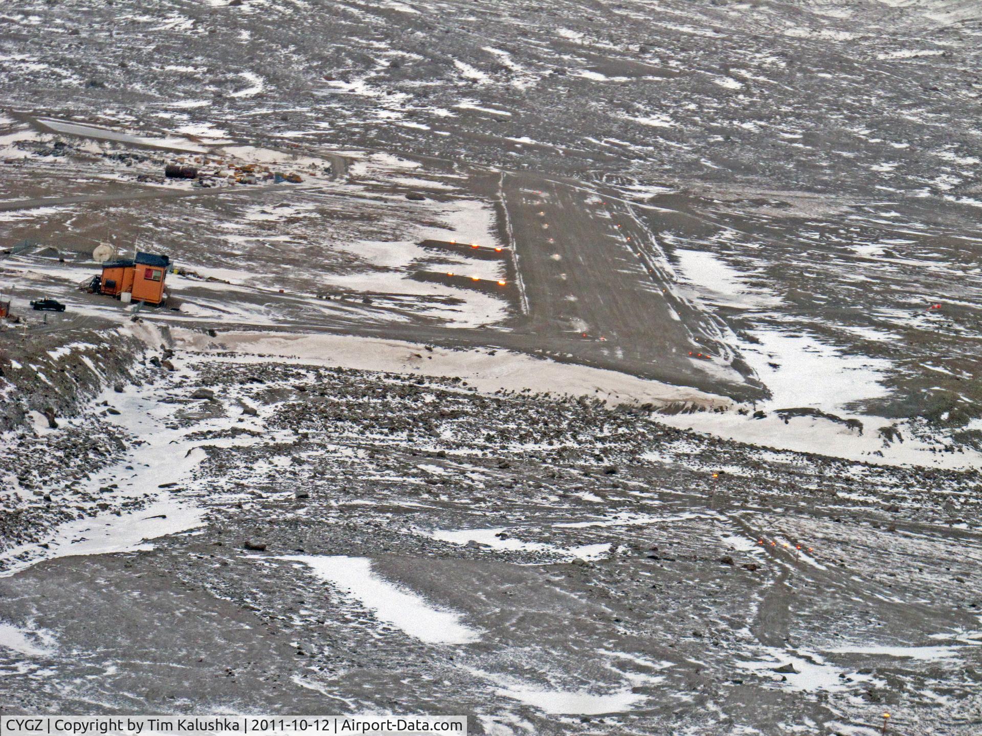 Grise Fiord Airport, Grise Fiord, Nunavut Canada (CYGZ) - Short final and the overshoot bar near bottom of the photo.