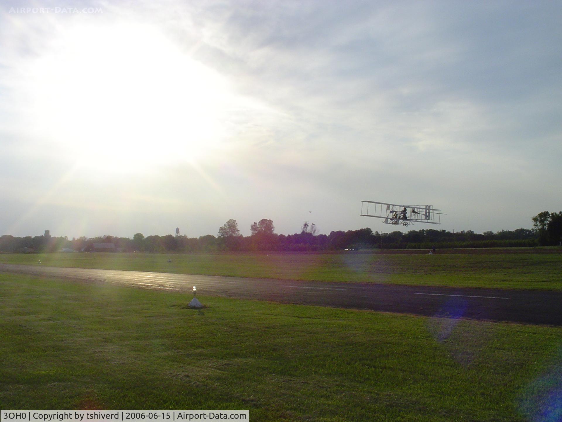 Andy Barnhart Memorial Airport (3OH0) - EAA Chapter's Wright Flyer, flying over RW28