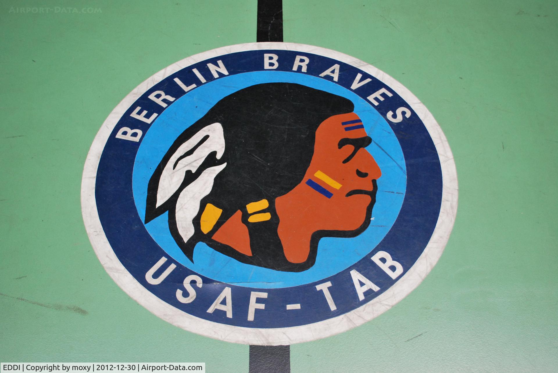 Tempelhof International Airport (closed), Berlin Germany (EDDI) - Badge of the USAF-TAB basketball team, the Berlin Braves in the centre of the basketball court on the top floor of the main bulding at Tempelhof Aiport.
 