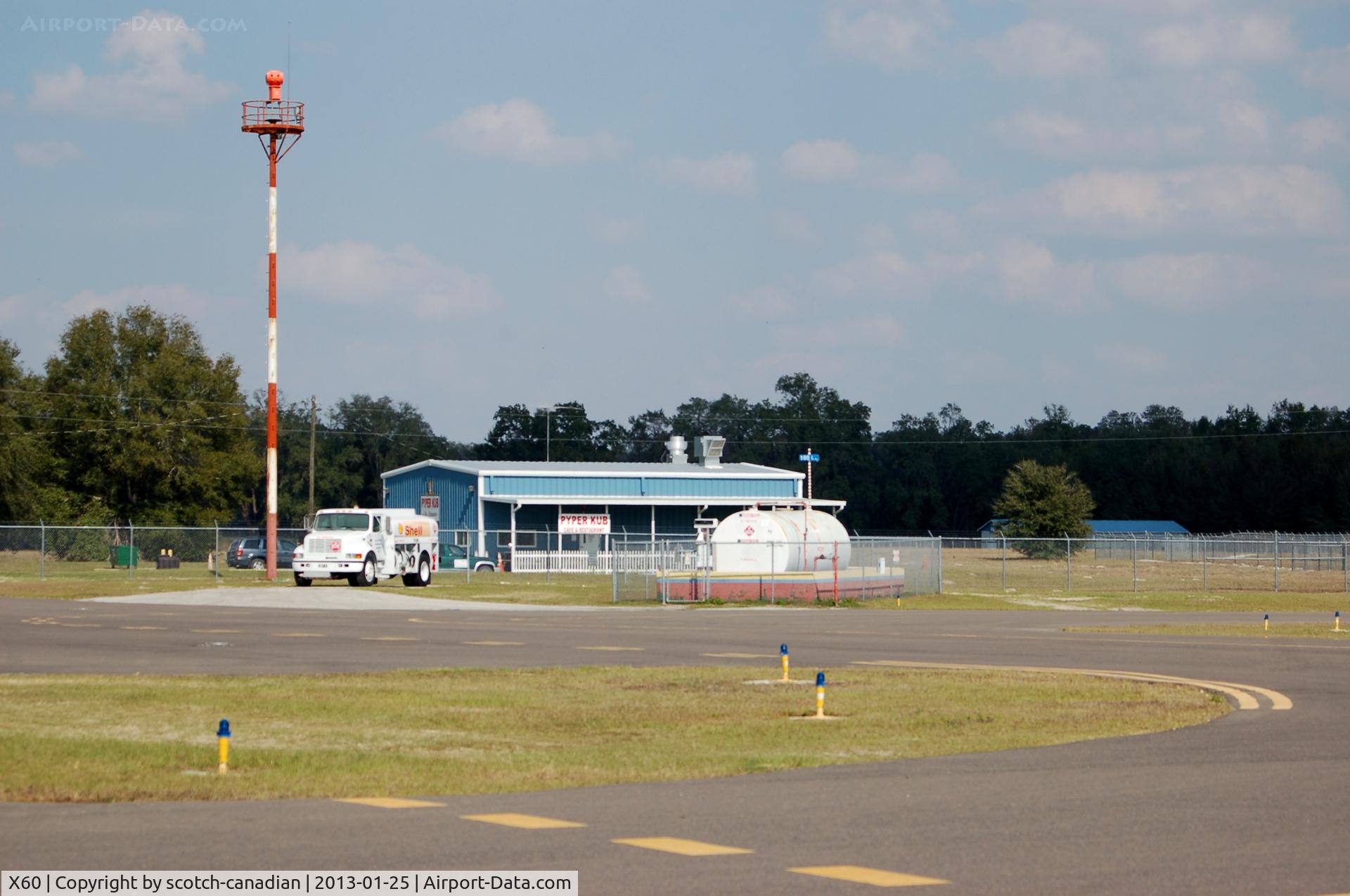 Williston Municipal Airport (X60) - Airport Beacon, Fuel Truck and Pyper Kub Cafe at Williston Municipal Airport, Williston, FL 