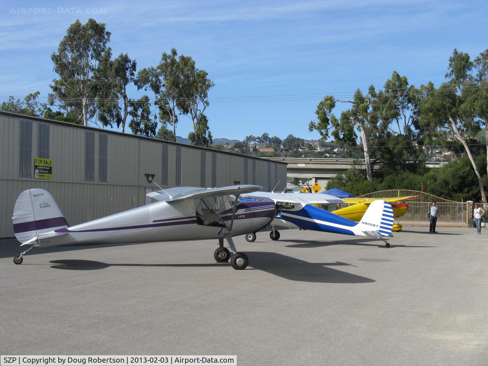 Santa Paula Airport (SZP) - A trio of early sharp Cessna ragwing trainers on display at Aviation Museum of Santa Paula ramp First Sunday Fly-In and Hangar crawl. N140BL C140, N90067 C140 refinished and N3157N C120. 