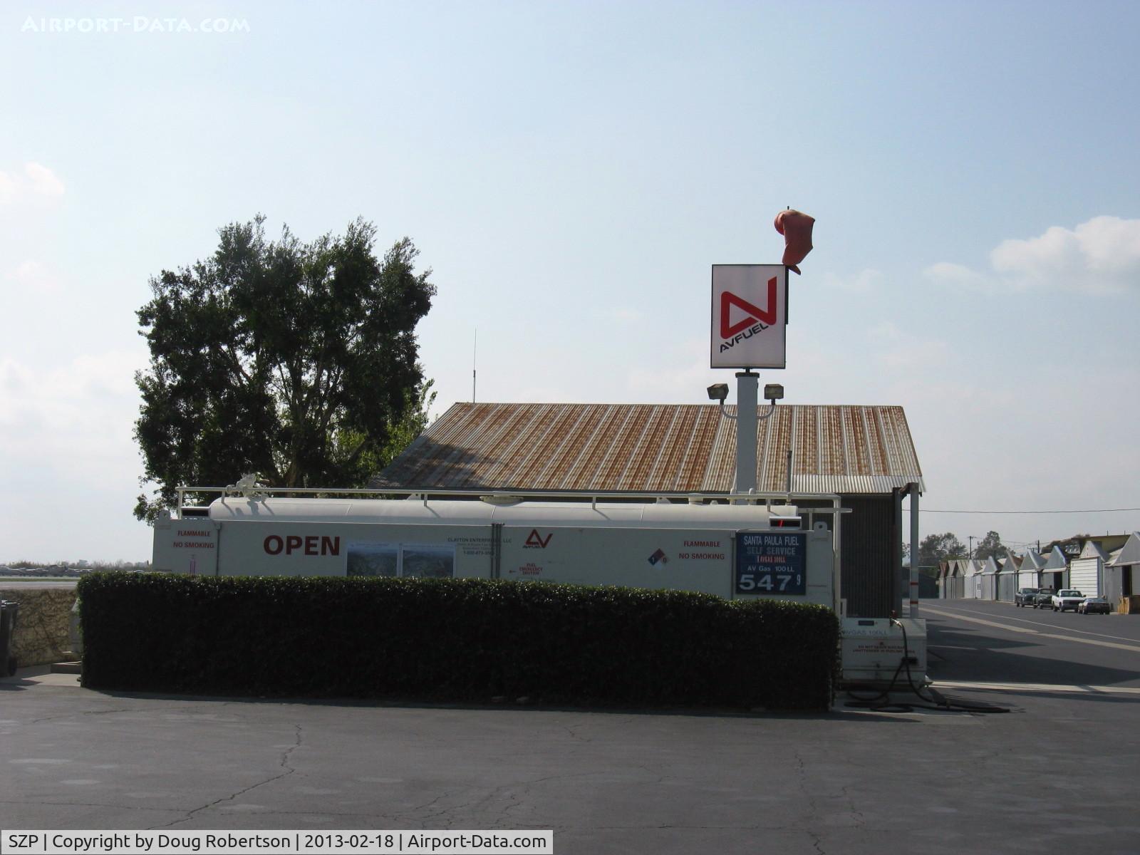 Santa Paula Airport (SZP) - Self-Serve Fuel Dock for 100LL open 24 hours, but field closed nights-no lighting. New AVITAT fuel price. Location: Center.