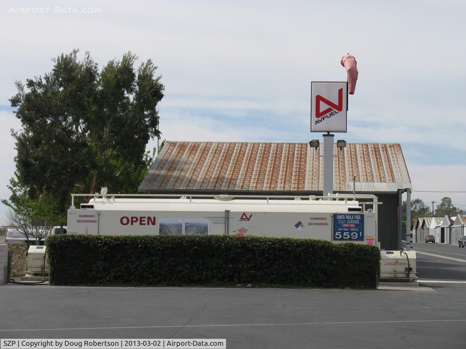 Santa Paula Airport (SZP) - Self-Serve 100LL Fuel Dock open 24 hours, but field closed at night-no lighting. Location: center. New Avitat fuel price.