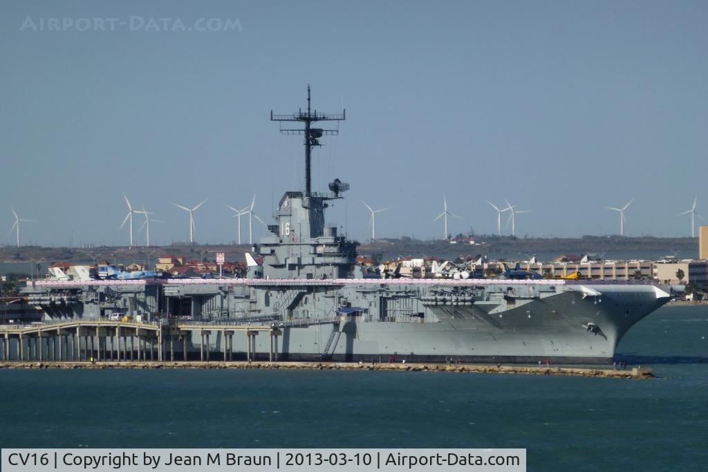 CV16 Airport - USS Lexington (CV-16), a WW II Essex Class aircraft carrier. Decommissioned in 1991, she continues to proudly serve as a museum in Corpus Christi TX.
Well worth a detour to visit !