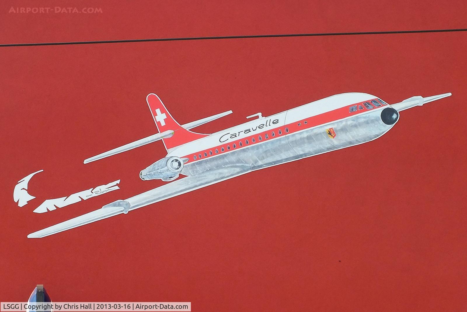 Geneva Cointrin International Airport, Geneva Switzerland (LSGG) - Caravelle painted on the wall of a cafe at Geneva airport