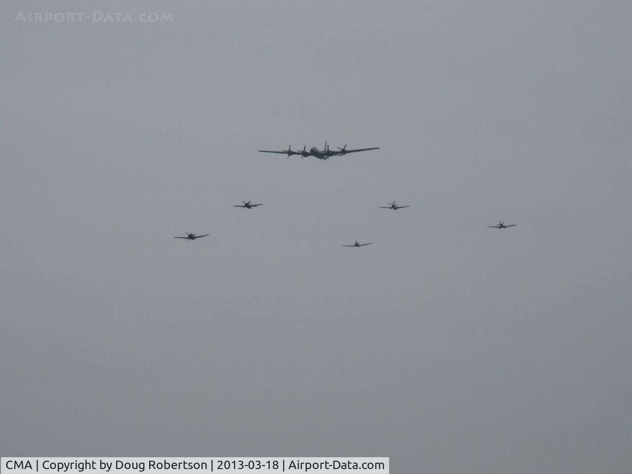 Camarillo Airport (CMA) - CMA Field overflight of N529B Boeing B-29 SUPERFORTRESS 'FIFI' accompanied by local CAF fighter aircraft escorts. Second pass overhead at lower altitude.