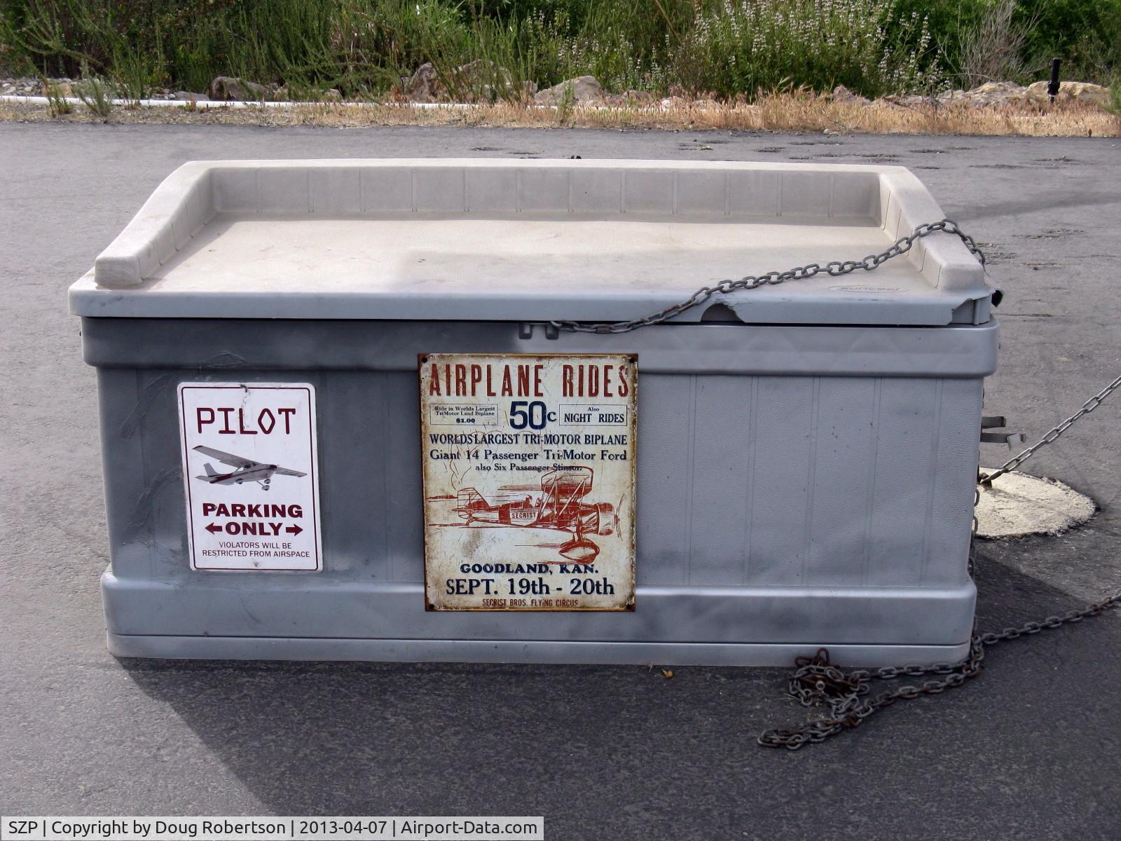Santa Paula Airport (SZP) - Attractive Vintage Sign on aircraft's supplies/tool box at tiedown site. NOTE PRICE of RIDE!