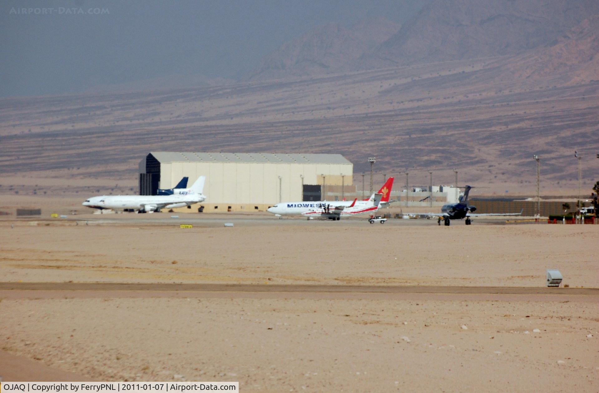 Aqaba International Airport (King Hussein International Airport), Aqaba Jordan (OJAQ) - Aqaba aprons seen from the plane as we line up to depart.