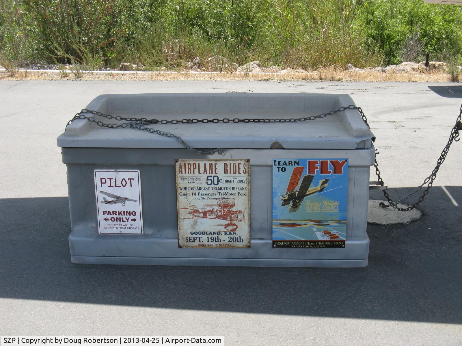 Santa Paula Airport (SZP) - Added attractive vintage aviation sign on aircraft maintenance box adjacent N8972G tiedown.