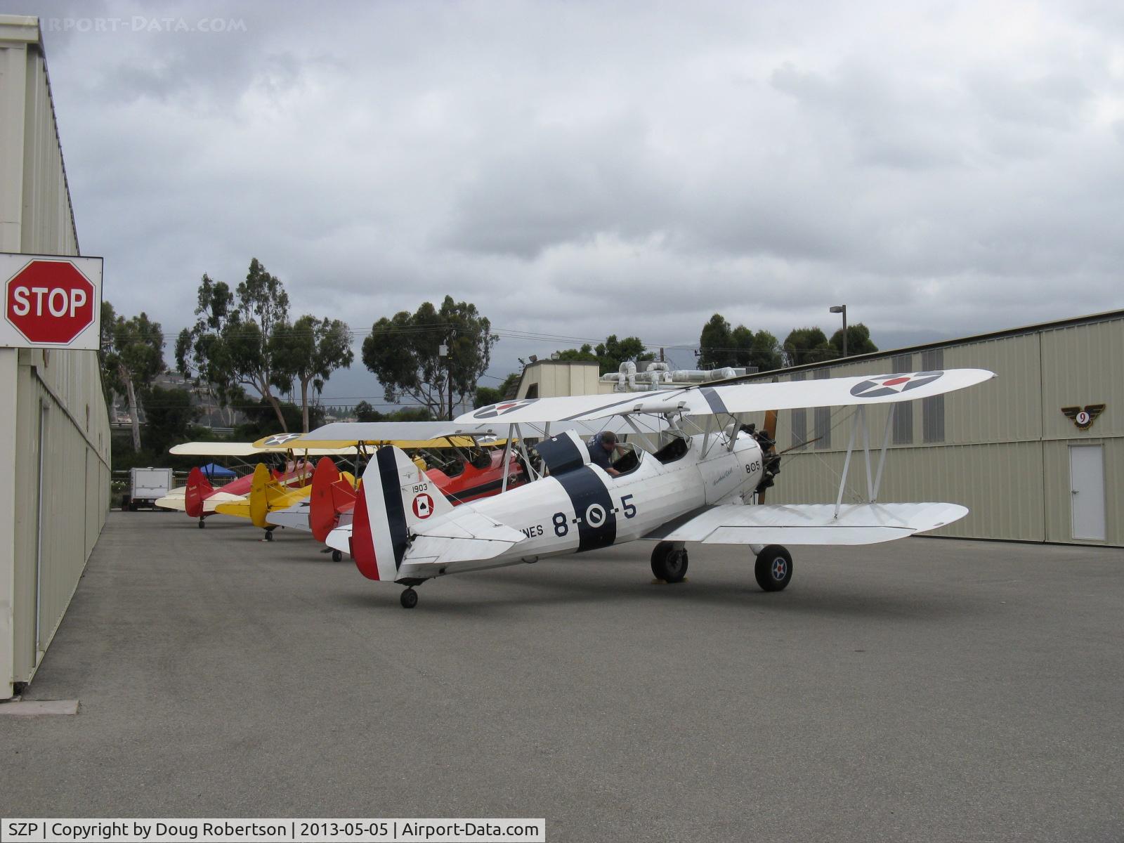 Santa Paula Airport (SZP) - Aviation Museum of Santa Paula First Sunday Open House & Fly-In. Four Boeing Stearmans on the museum display ramp. N1702B 'Ruthie's Doll', N65124, N69765 and N66711.