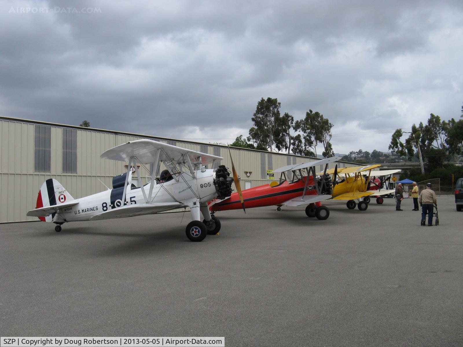 Santa Paula Airport (SZP) - Aviation Museum of Santa Paula First Sunday Open House and Fly-In aircraft display on museum ramp-four Boeing Stearmans N1702B 'Ruthies Doll', N65124, N69765 and N66711. See/read my Stearman article on this site featuring 'Ruthies Doll'.