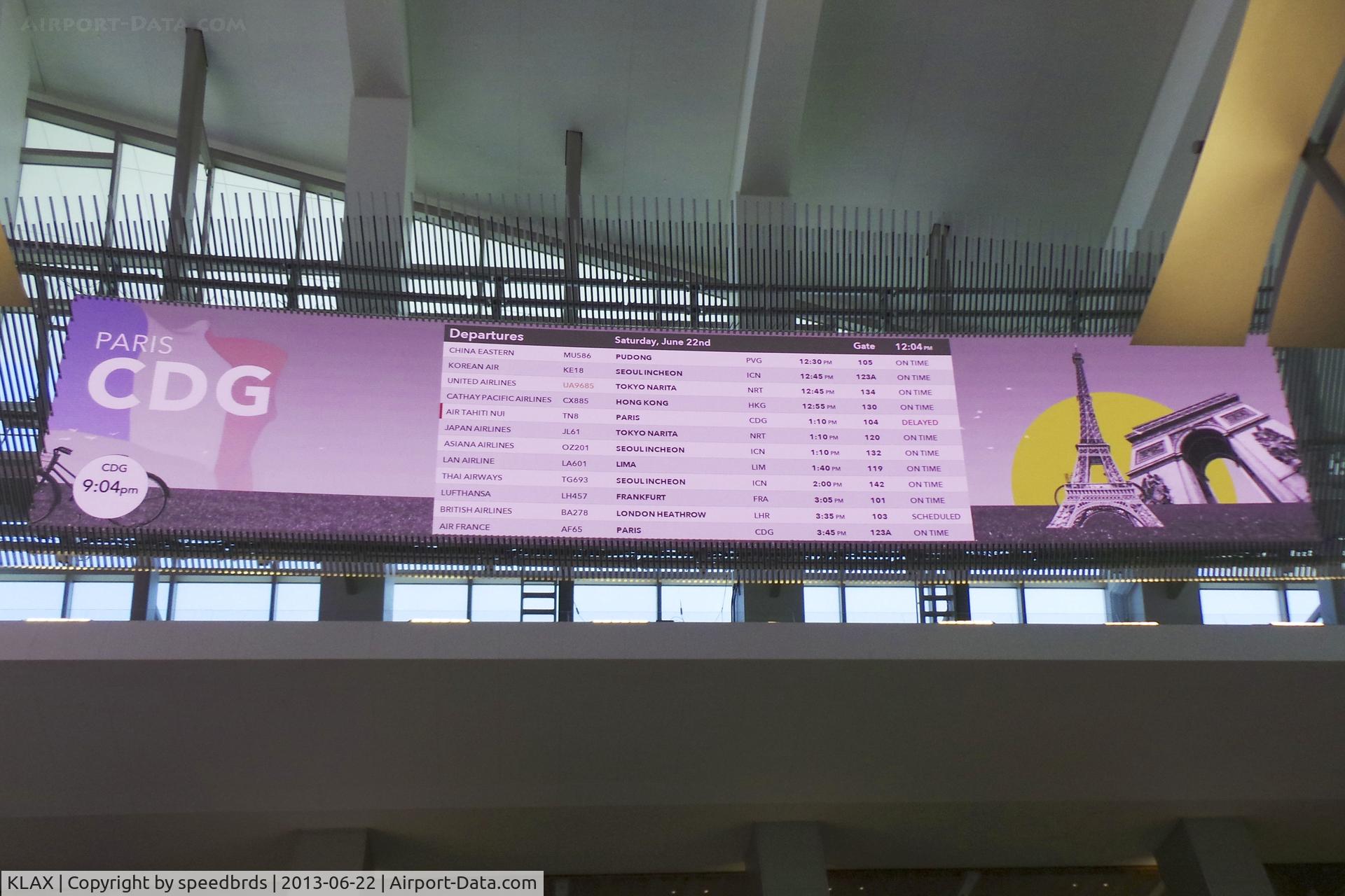 Los Angeles International Airport (LAX) - The departure board (located towards the ceiling, which puts a strain on the neck) located inside the new Tom Bradley International Terminal taken on 