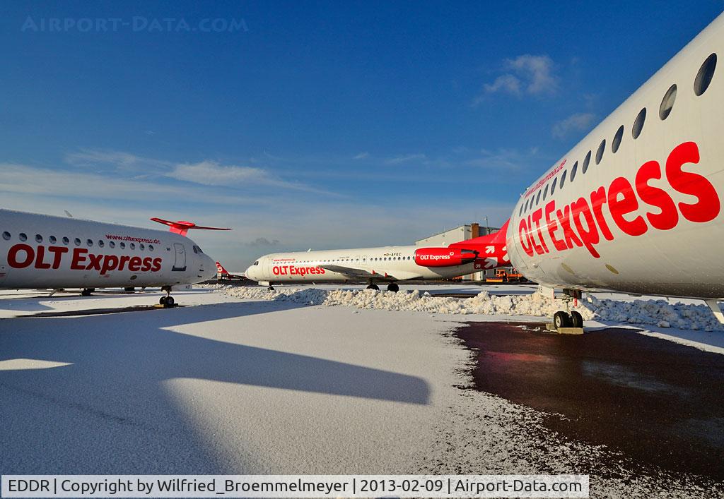 Saarbrücken Airport, Saarbrücken Germany (EDDR) - OLT Express Germany Fokker 100 Fleet stored at EDDR/SCN after bankruptcy.