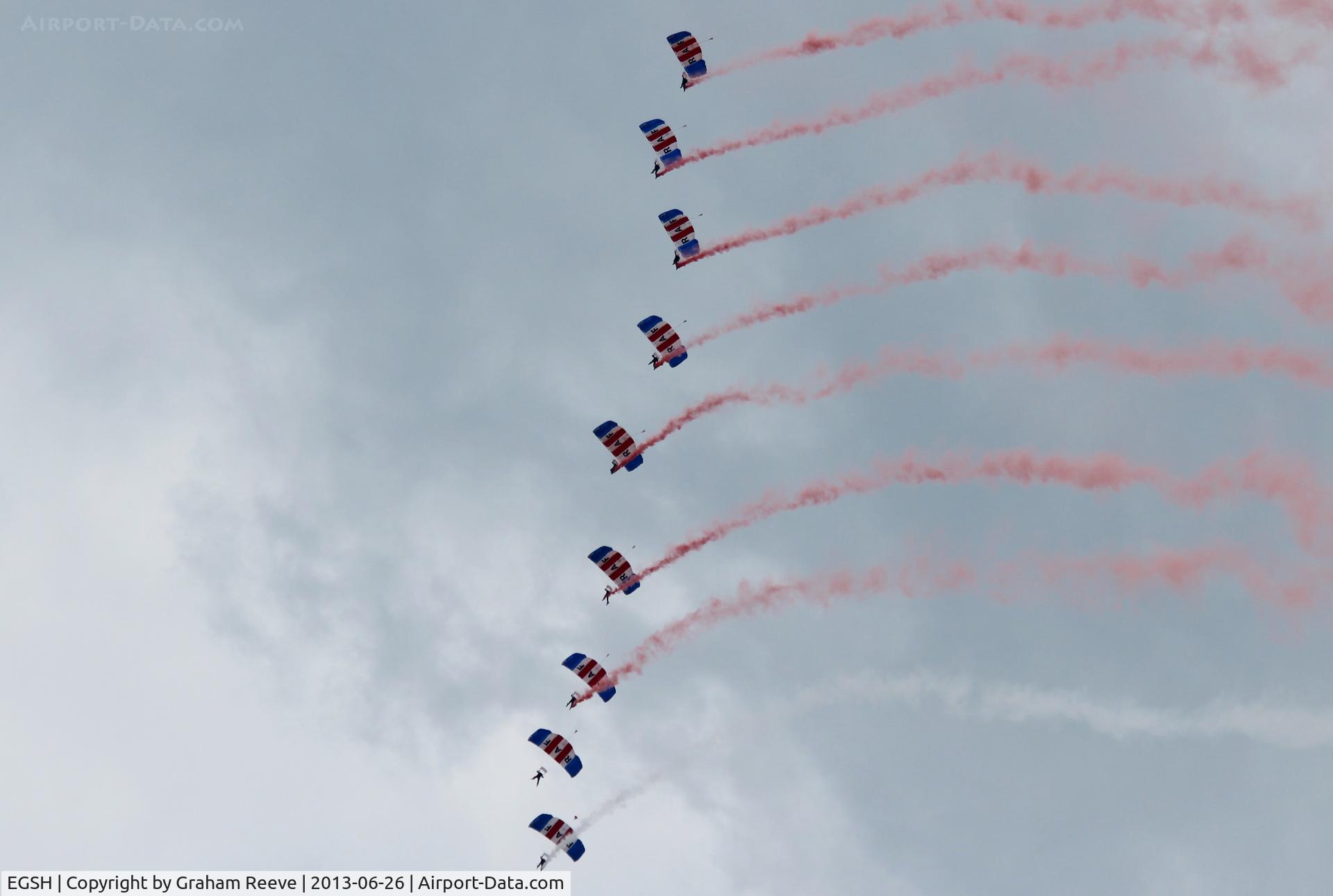 Norwich International Airport, Norwich, England United Kingdom (EGSH) - RAF Falcon's parachute display team at the Royal Norfolk Show, 2013. 