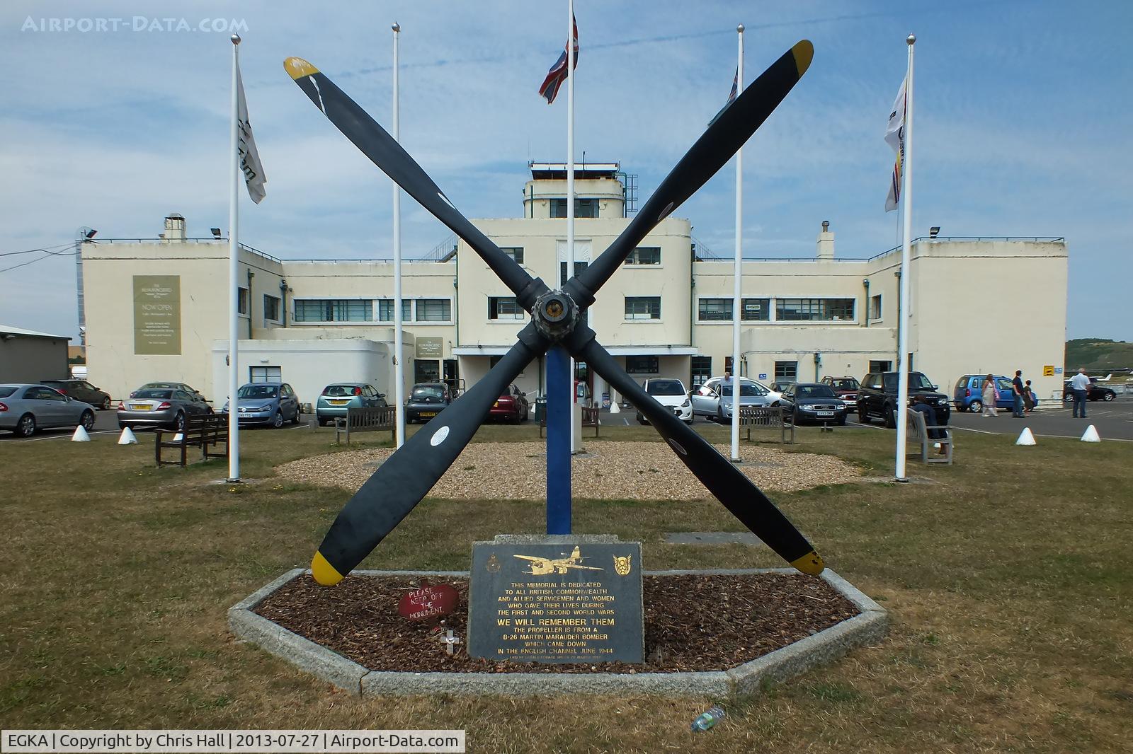 Shoreham Airport, Shoreham United Kingdom (EGKA) - Memorial featuring a Martin B-26 Marauder prop with the Grade II* listed art deco style Terminal  Building in the background