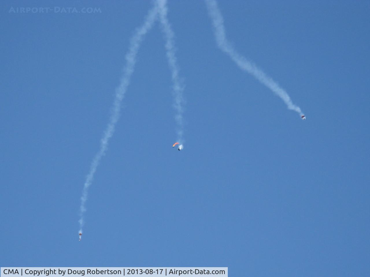 Camarillo Airport (CMA) - Three parachutists with smoke doing stunts opening the Wings Over Camarillo Airshow 2013. Jump plane was N60154 'What's Up Doc', which see.