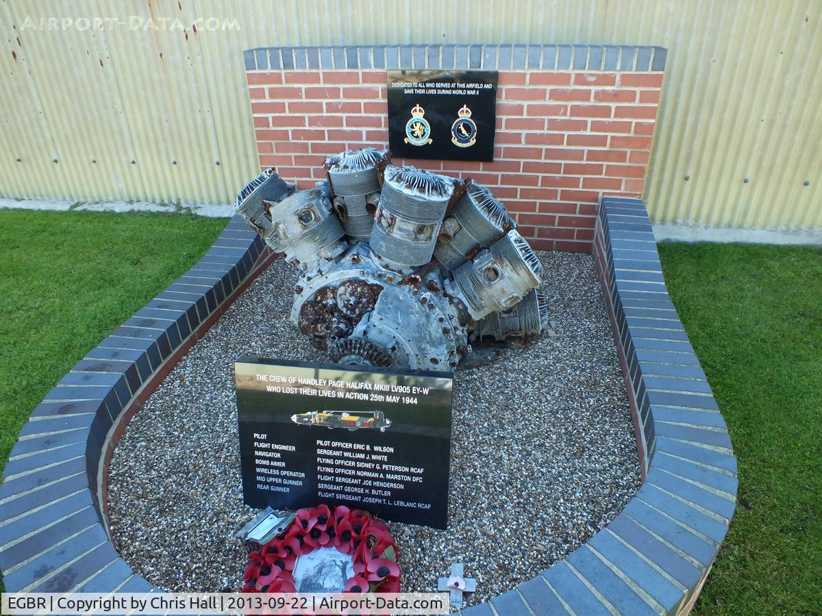 EGBR Airport - Bristol Hercules XVI radial engine recovered from the crash site of Handley Page Halifax Mk III LV905/EY-W which was shot down on the evening of 24th May 1944 near Bergse Maas, Holland with the lost of all seven crew members.