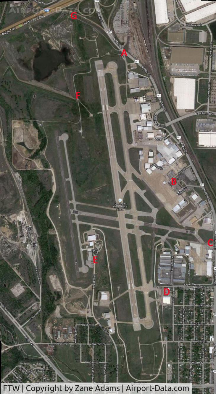 Fort Worth Meacham International Airport (FTW) - Spotting map for Fort Worth Meacham Field. The red letters indicate places that you can see action around the airfield. 