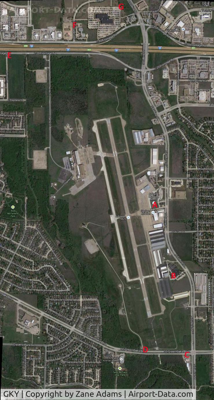 Arlington Municipal Airport (GKY) - Spotting map for Arlington Municipal Airport. The red letters indicate places that you can see action around the airfield.
