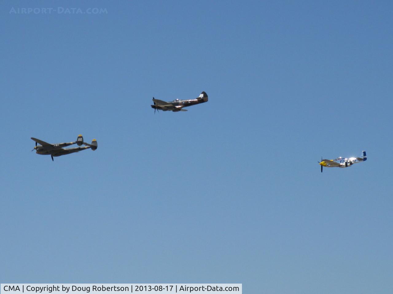 Camarillo Airport (CMA) - P-38 LIGHTNING, SPITFIRE, P-51 MUSTANG Another Flyover Rwy 26 at 2013 WINGS OVER CAMARILLO AIRSHOW