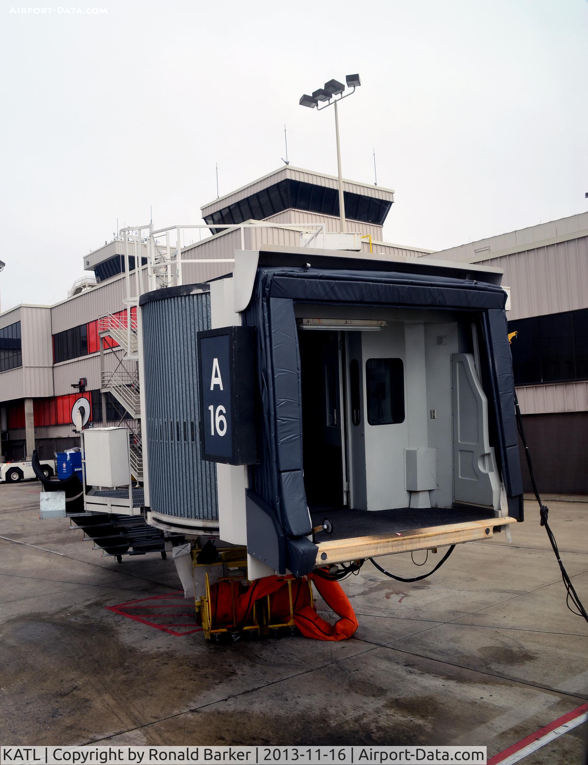 Hartsfield - Jackson Atlanta International Airport (ATL) - Passenger loading ramp Gate A-16 pulled back, ready for departure.  Atlanta