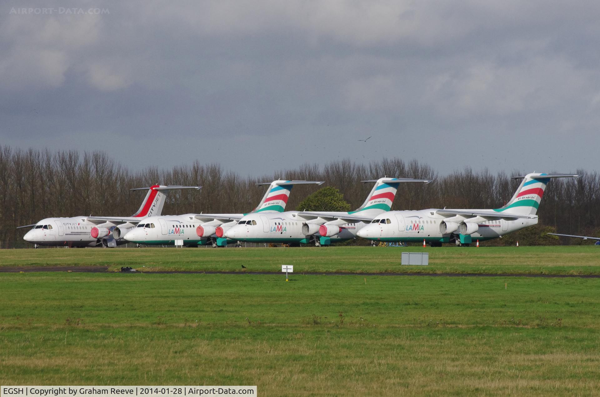 Norwich International Airport, Norwich, England United Kingdom (EGSH) - Some of the BAe 146/RJ's currently stored at Norwich.