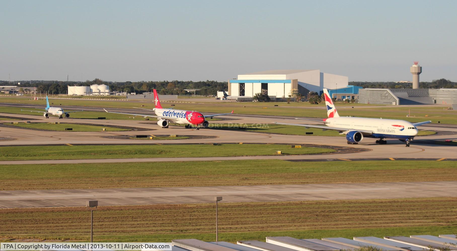 Tampa International Airport (TPA) - Line up of British Airways, Edelweiss and USAirways Carolina Panthers