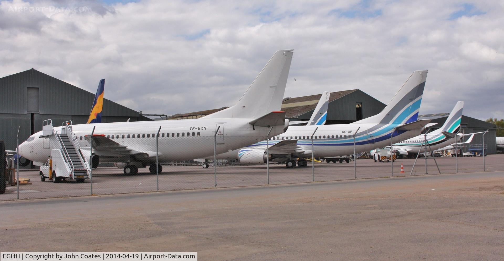 Bournemouth Airport, Bournemouth, England United Kingdom (EGHH) - B737s at European apron include VP-BYU, VP-BXN. SX-VIP, N470AC and N565EL