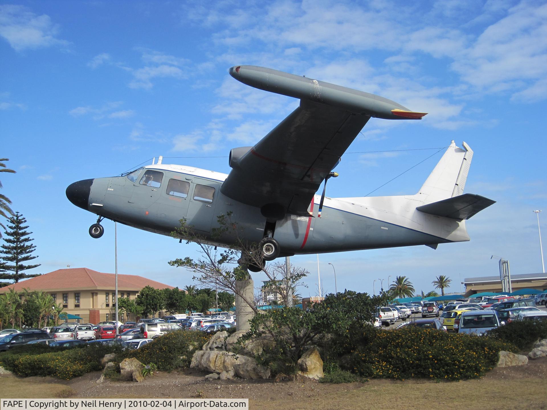 Port Elizabeth Airport, Port Elizabeth South Africa (FAPE) - Unknown 'pusher' twin engined aircraft mounted outside Terminal Building at PLZ