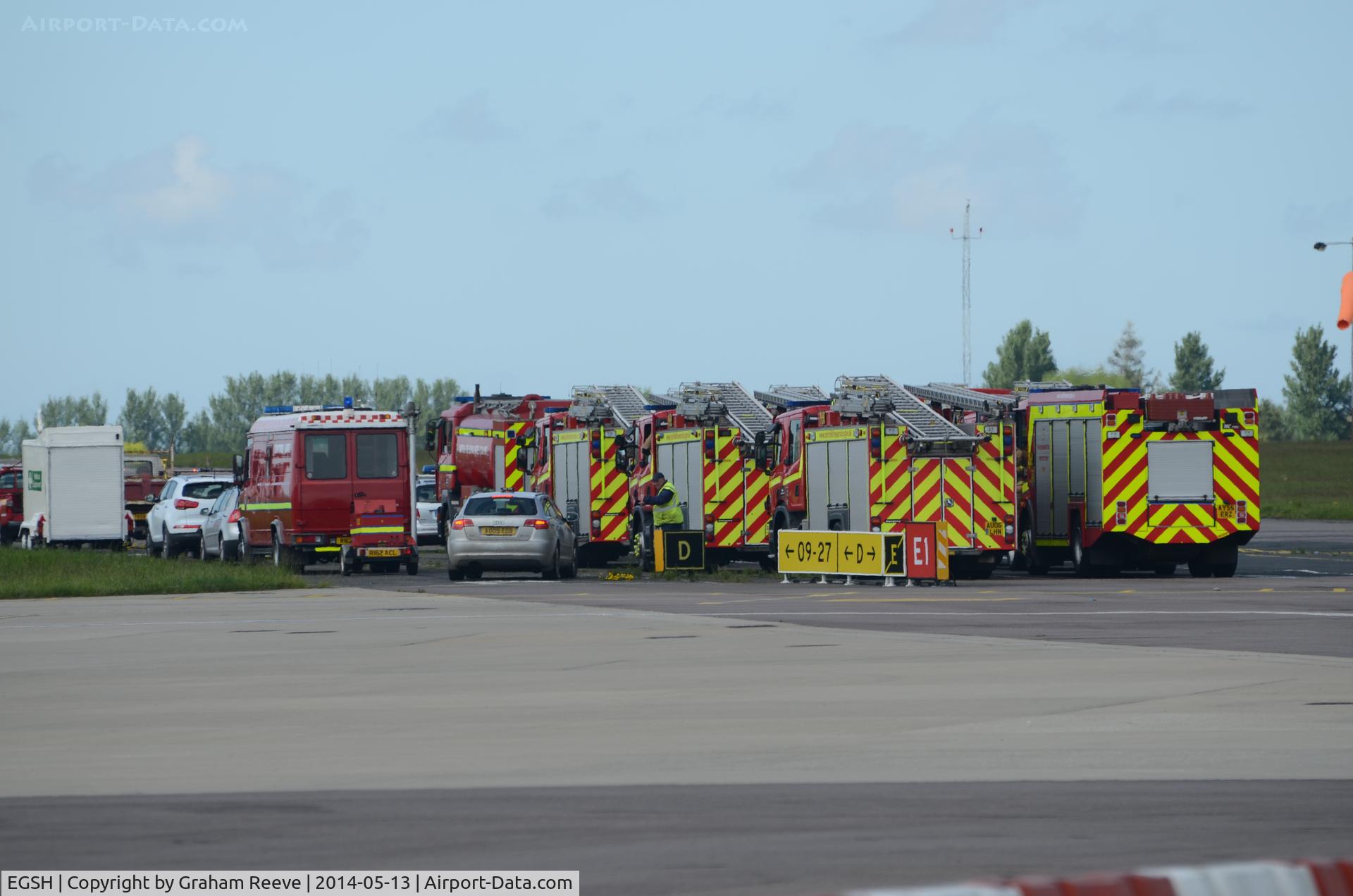 Norwich International Airport, Norwich, England United Kingdom (EGSH) - Fire engines lined up after a KLM 737 diverted to Norwich following a problem on a flight from Manchester to Amsterdam.