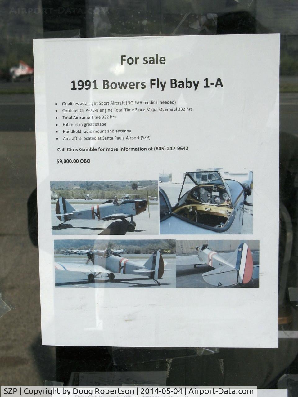 Santa Paula Airport (SZP) - AIRCRAFT FOR SALE-1991 Bowers FLY BABY 1-A posted in airport office window-view large and see more N4235A photos this site