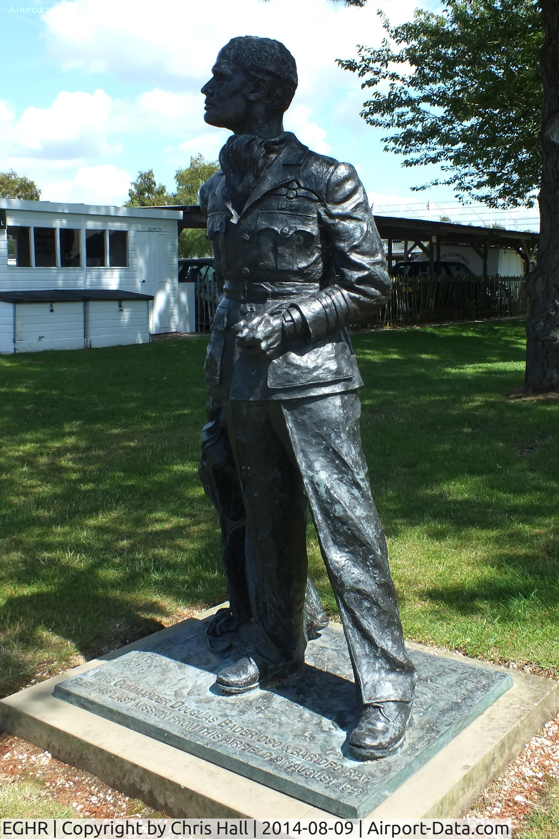 Goodwood Airfield Airport, Chichester, England United Kingdom (EGHR) - statue of Douglas Bader who flew his last mission from Goodwood on 9th August 1941