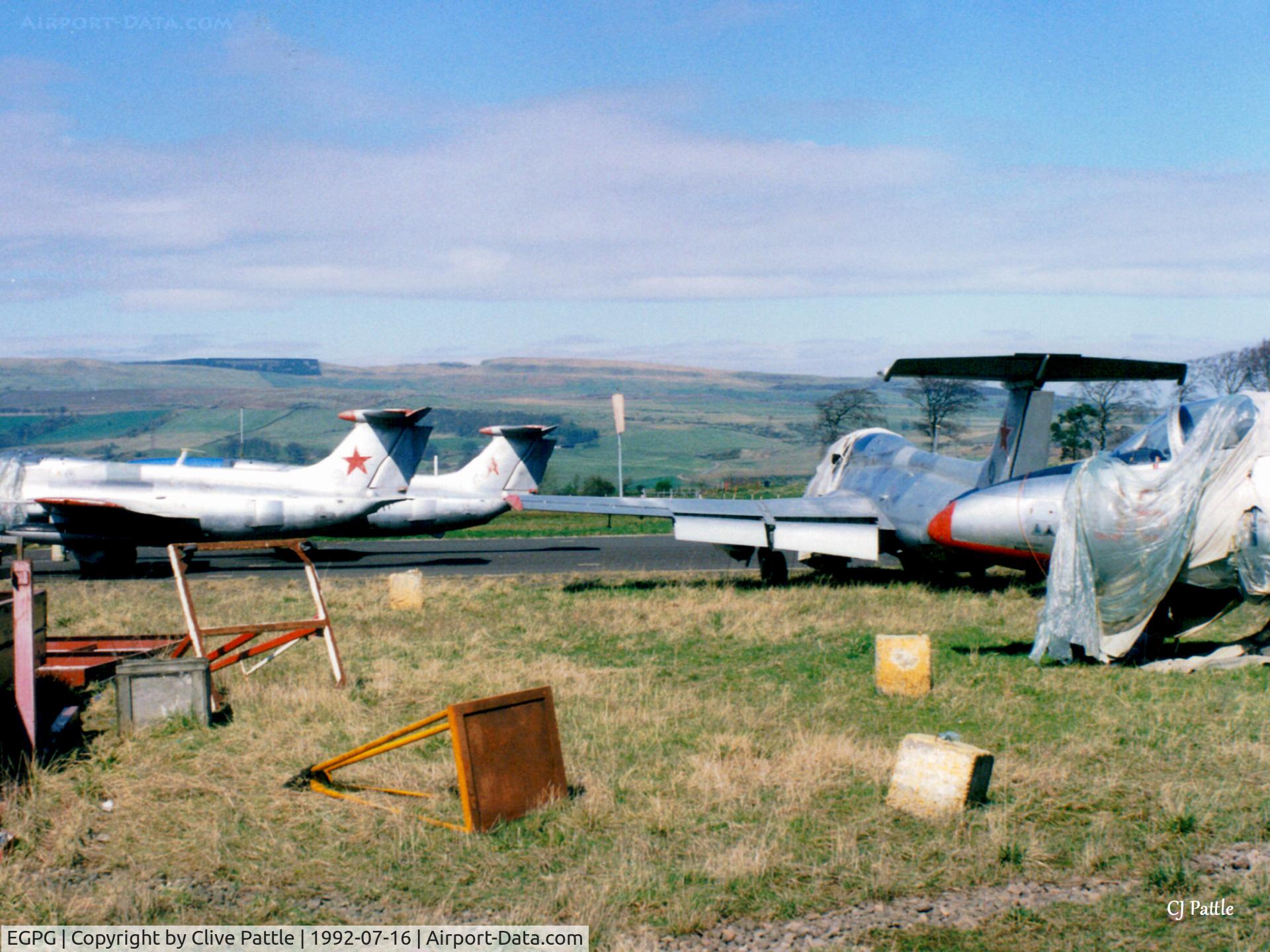 Cumbernauld Airport, Cumbernauld, Scotland United Kingdom (EGPG) - Scanned from print. A total of 12 Ex Russian AF Aero L-29 Delfins were imported and crated to Cumbernauld in the early '90's where they were reassembled. Here is a general view from July '92.