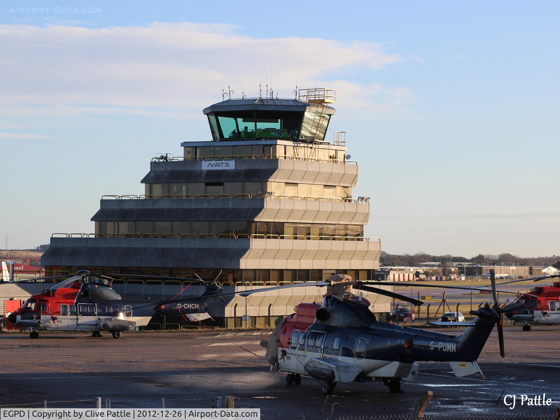 Aberdeen Airport, Aberdeen, Scotland United Kingdom (EGPD) - Shot of the Air Traffic Tower at Aberdeen EGPD close to the CHC Helicopter apron
