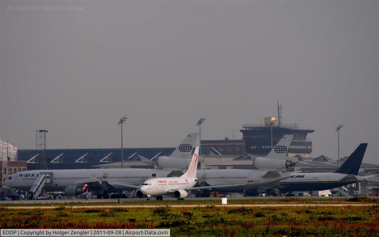 Leipzig/Halle Airport, Leipzig/Halle Germany (EDDP) - A gnom is rolling along twy November while giants are resting on apron 1....