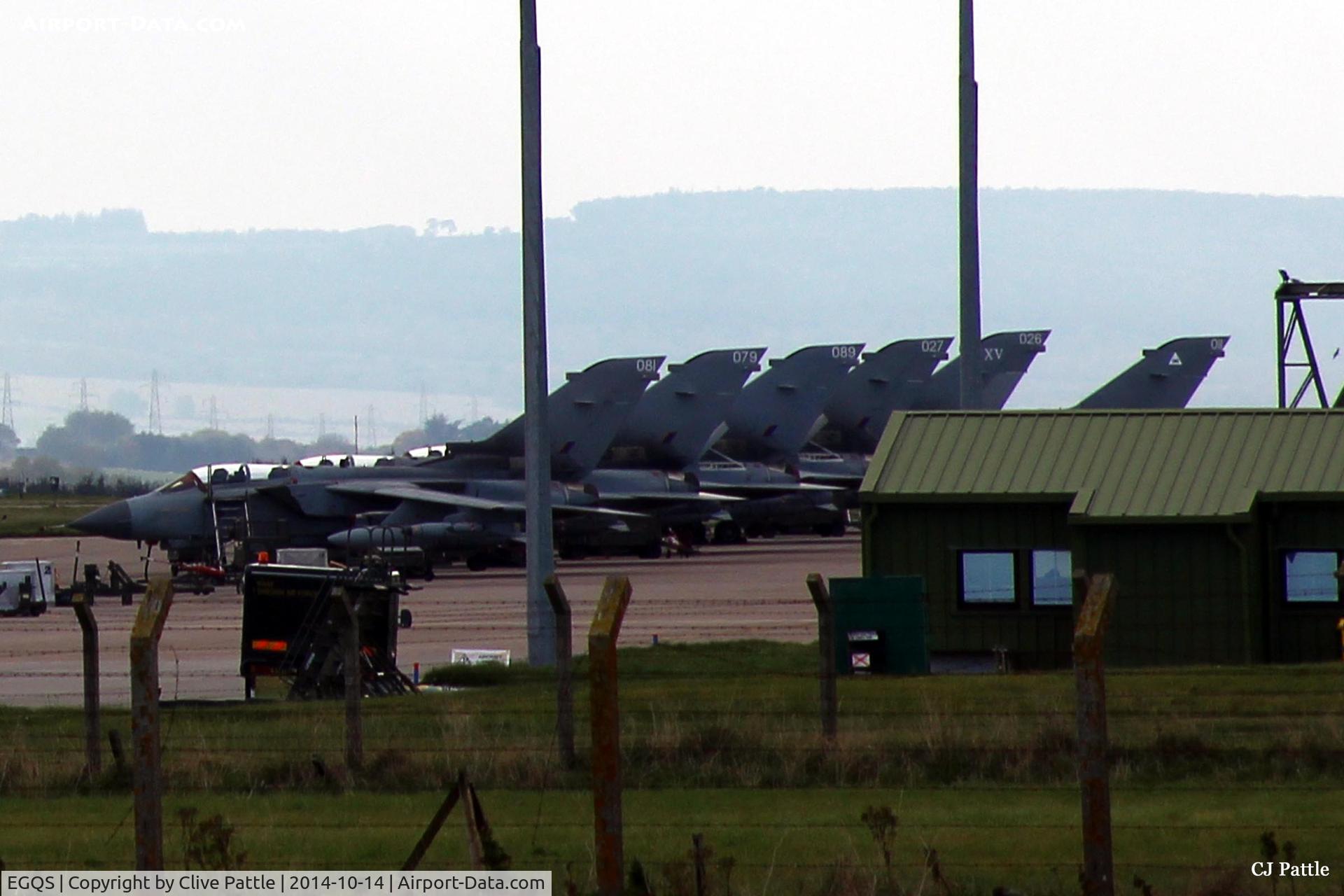 RAF Lossiemouth Airport, Lossiemouth, Scotland United Kingdom (EGQS) - A line-up of RAF 15 (R) Sqn Tornado GR.4 aircraft on their ramp at RAF Lossiemouth EGQS