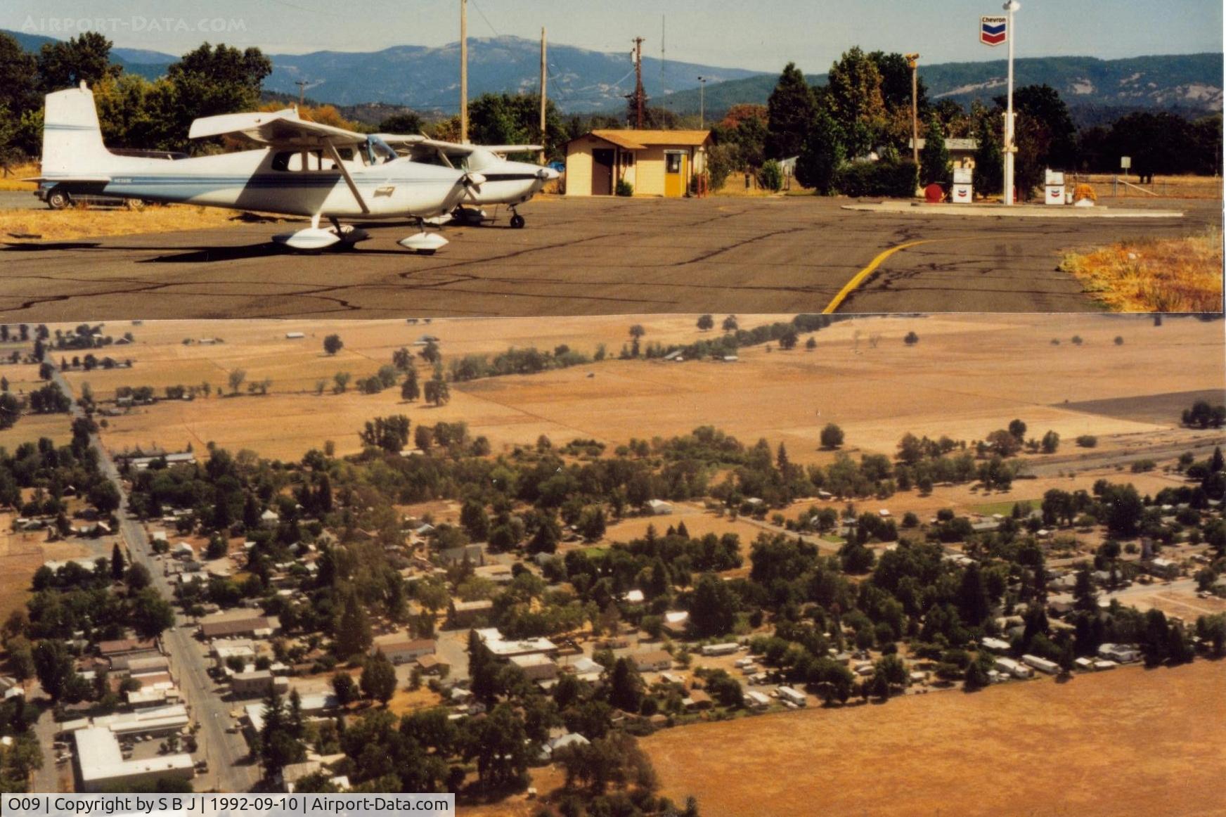 Round Valley Airport (O09) - The Round Valley airport ramp and air view of the small town of Covelo which is a short distance away.This was in 1992.The ramp view is looking toward town or east and town view is to the north.